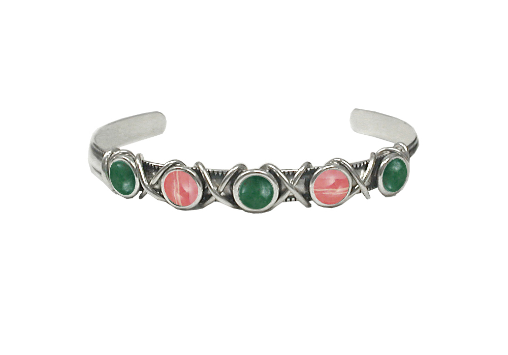 Sterling Silver Cuff Bracelet With Jade And Rhodocrosite